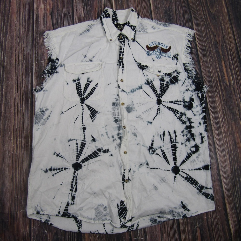 Biker Design Mens Size 3XL White Tie Dye Sturgis Sleeveless Shirt Button Up